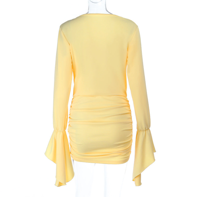 Effortless Chic Buttery Yellow Ruched Mini Dress | Bell Sleeve Bodycon for Fall & Holiday Parties