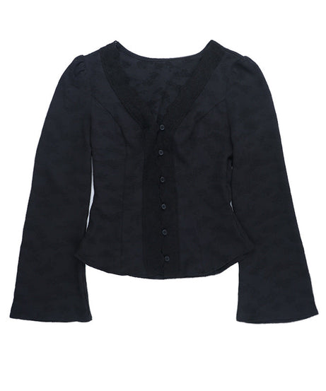 Elegant Black Lace V-Neck Blouse | Button-Front Long Sleeve Top for Fall & Holiday Chic