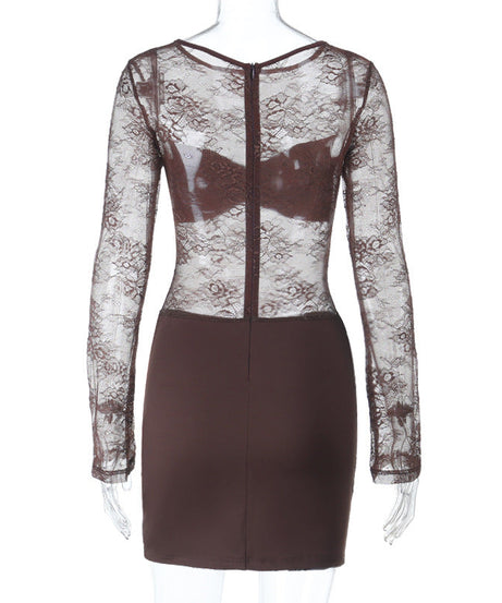 Chic Chocolate Brown Sheer Lace Ruched Mini Dress - Long Sleeve Bodycon for Fall Parties & Date Nights