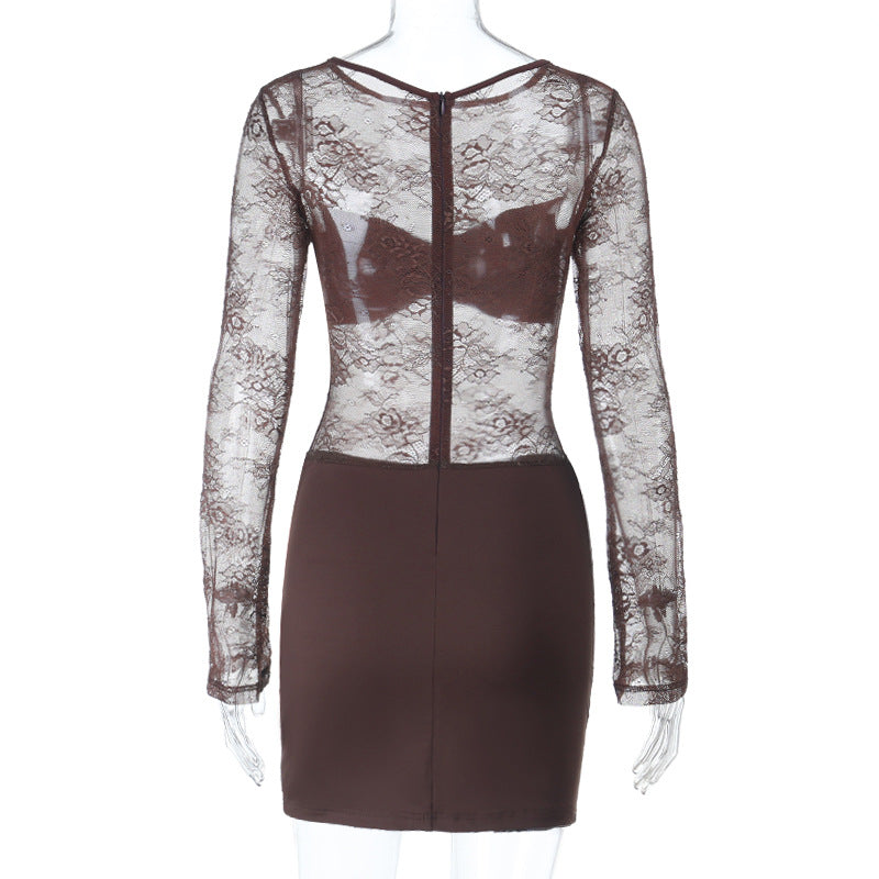Chic Chocolate Brown Sheer Lace Ruched Mini Dress - Long Sleeve Bodycon for Fall Parties & Date Nights