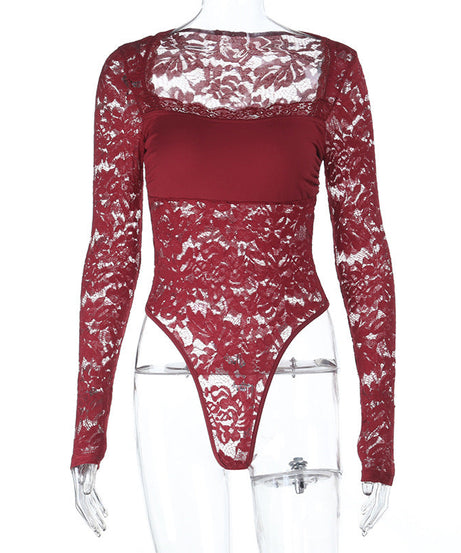 Chic Burgundy Lace Square Neck Bodysuit - Long Sleeve Fall & Holiday Essential