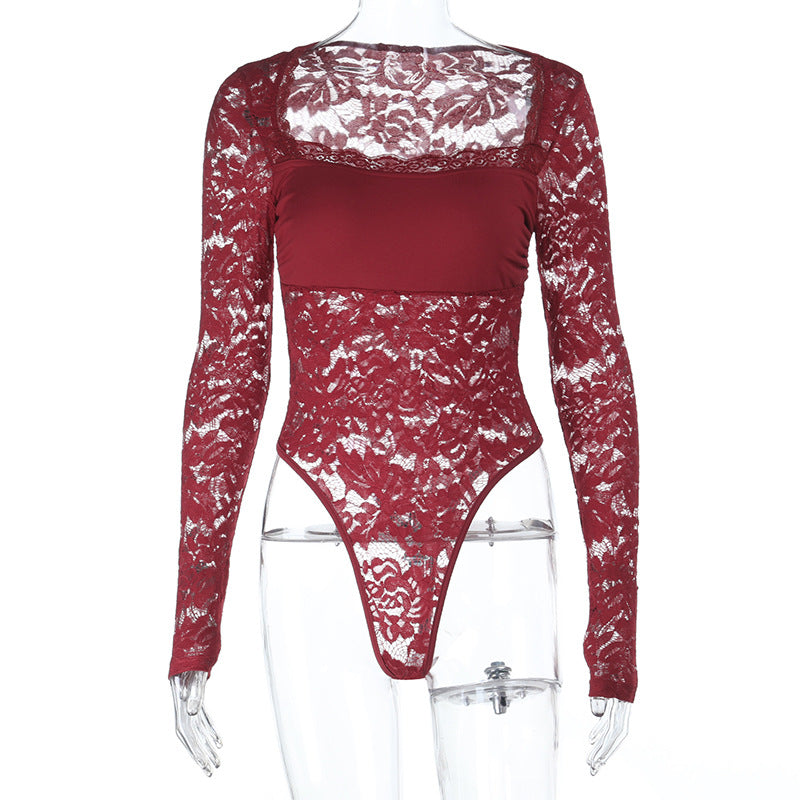 Chic Burgundy Lace Square Neck Bodysuit - Long Sleeve Fall & Holiday Essential
