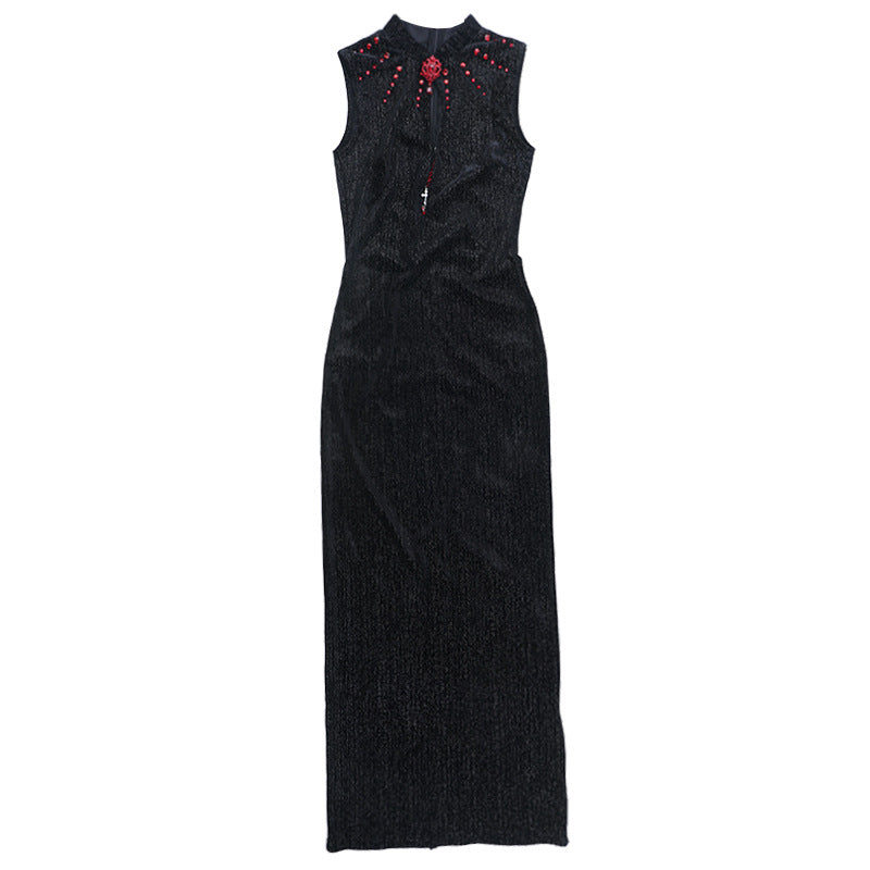 Midnight Siren Black Velvet Maxi Dress - Gothic Keyhole Slit Gown for Halloween & Fall Parties