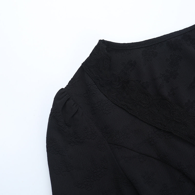 Elegant Black Lace V-Neck Blouse | Button-Front Long Sleeve Top for Fall & Holiday Chic