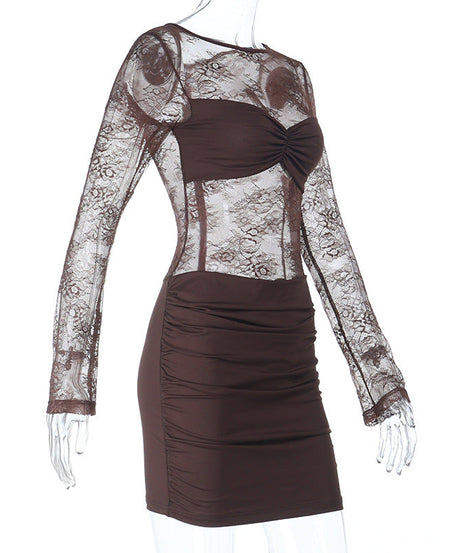 Chic Chocolate Brown Sheer Lace Ruched Mini Dress - Long Sleeve Bodycon for Fall Parties & Date Nights