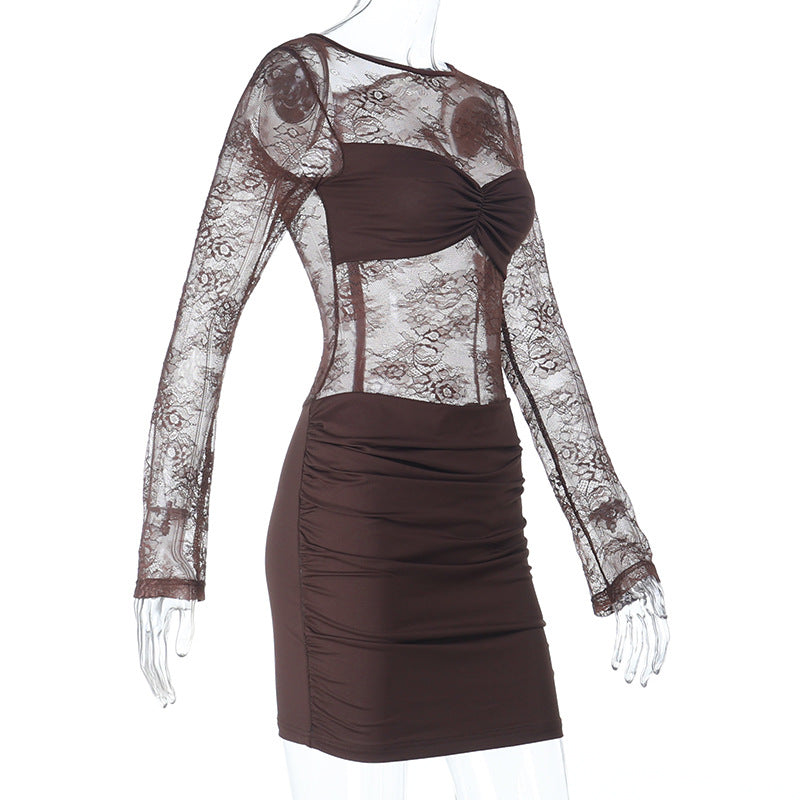 Chic Chocolate Brown Sheer Lace Ruched Mini Dress - Long Sleeve Bodycon for Fall Parties & Date Nights
