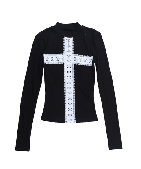 Gothic Lace Cross Ribbed Mock Neck Long Sleeve Top - Edgy Fall & Halloween Style for Women