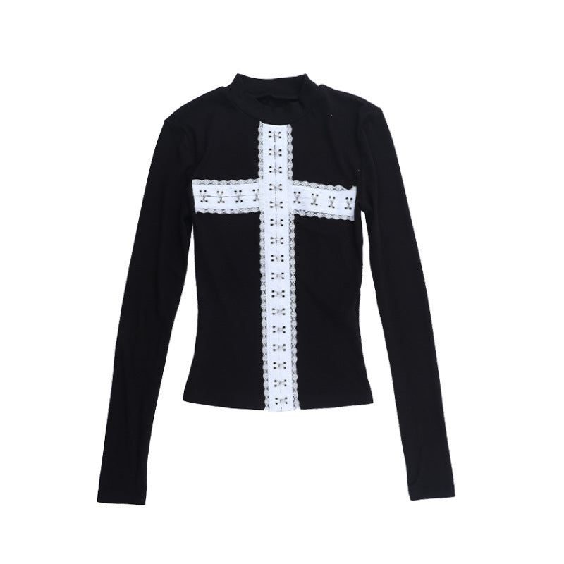 Gothic Lace Cross Ribbed Mock Neck Long Sleeve Top - Edgy Fall & Halloween Style for Women