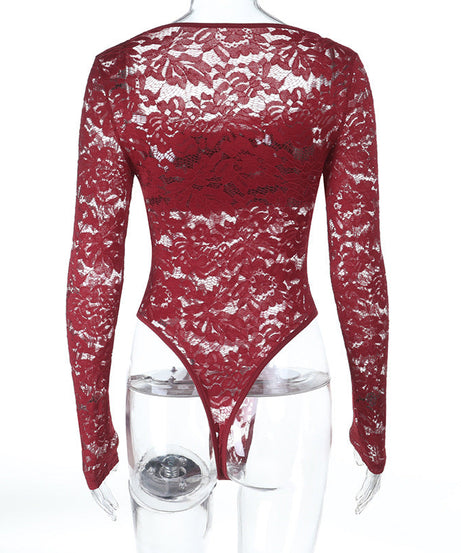 Chic Burgundy Lace Square Neck Bodysuit - Long Sleeve Fall & Holiday Essential