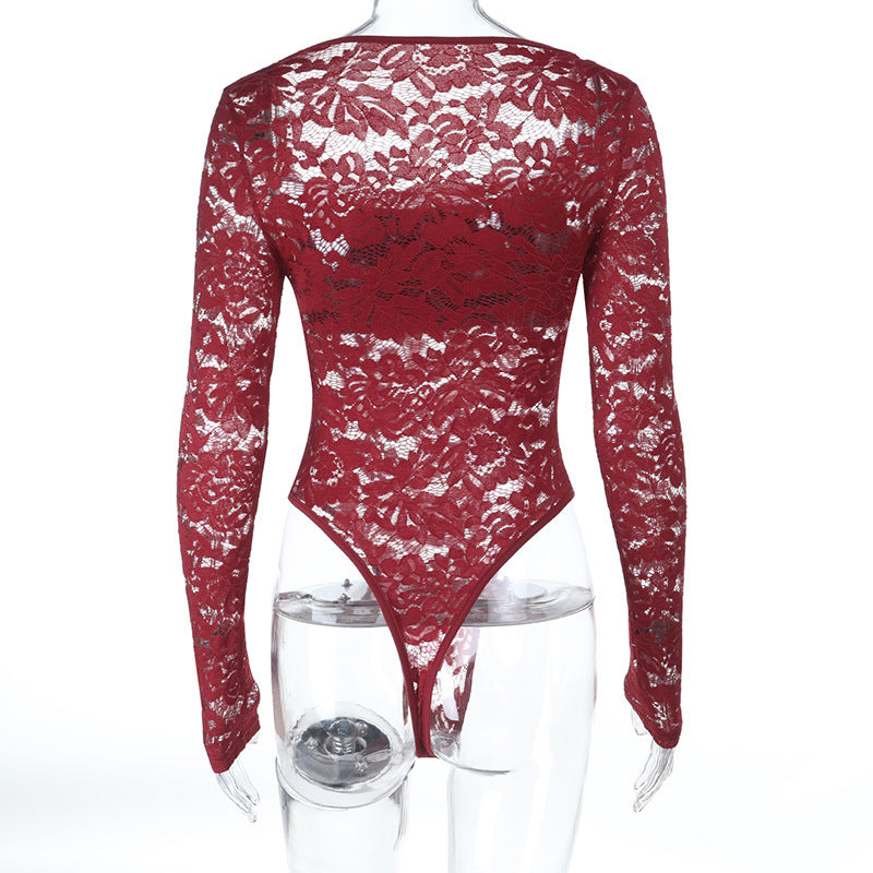 Chic Burgundy Lace Square Neck Bodysuit - Long Sleeve Fall & Holiday Essential