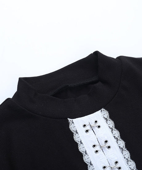Gothic Lace Cross Ribbed Mock Neck Long Sleeve Top - Edgy Fall & Halloween Style for Women