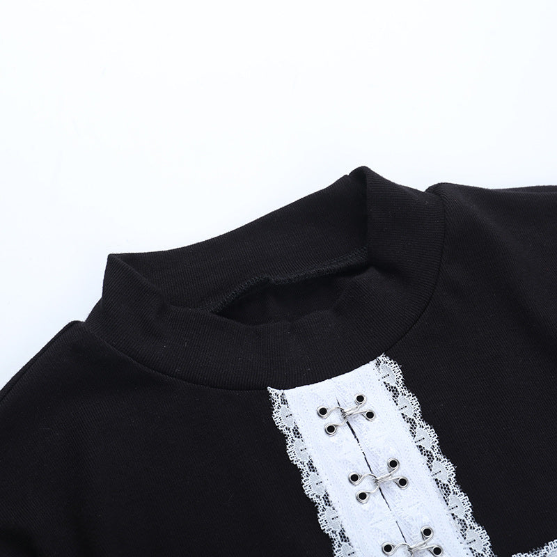 Gothic Lace Cross Ribbed Mock Neck Long Sleeve Top - Edgy Fall & Halloween Style for Women