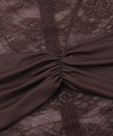 Chic Chocolate Brown Sheer Lace Ruched Mini Dress - Long Sleeve Bodycon for Fall Parties & Date Nights