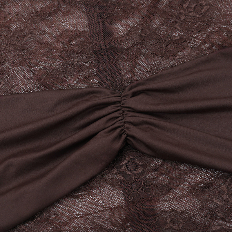 Chic Chocolate Brown Sheer Lace Ruched Mini Dress - Long Sleeve Bodycon for Fall Parties & Date Nights