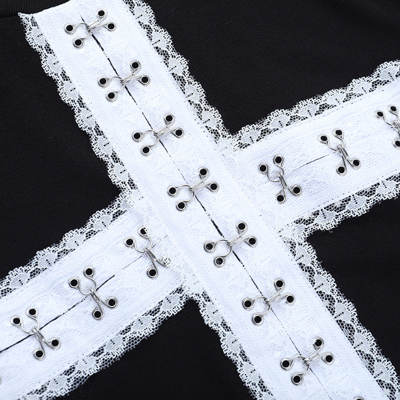 Gothic Lace Cross Ribbed Mock Neck Long Sleeve Top - Edgy Fall & Halloween Style for Women