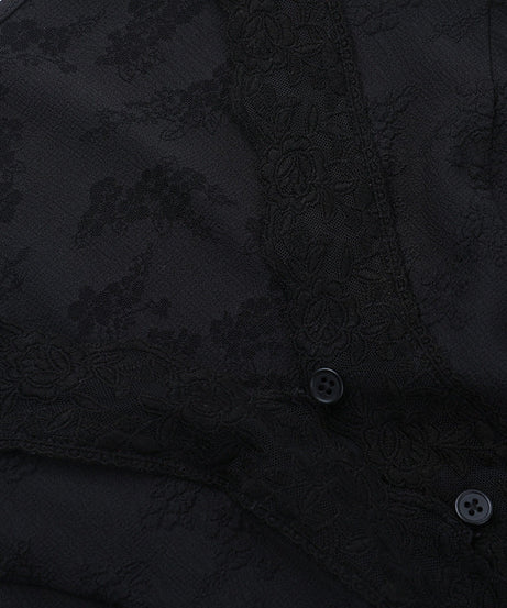 Elegant Black Lace V-Neck Blouse | Button-Front Long Sleeve Top for Fall & Holiday Chic