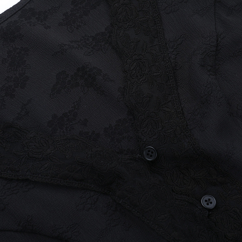 Elegant Black Lace V-Neck Blouse | Button-Front Long Sleeve Top for Fall & Holiday Chic