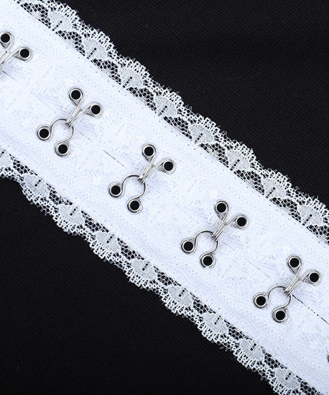 Gothic Lace Cross Ribbed Mock Neck Long Sleeve Top - Edgy Fall & Halloween Style for Women