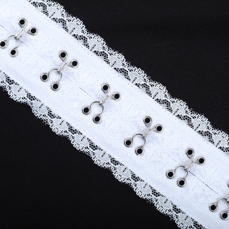 Gothic Lace Cross Ribbed Mock Neck Long Sleeve Top - Edgy Fall & Halloween Style for Women