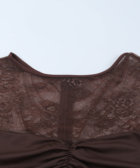 Chic Chocolate Brown Sheer Lace Ruched Mini Dress - Long Sleeve Bodycon for Fall Parties & Date Nights