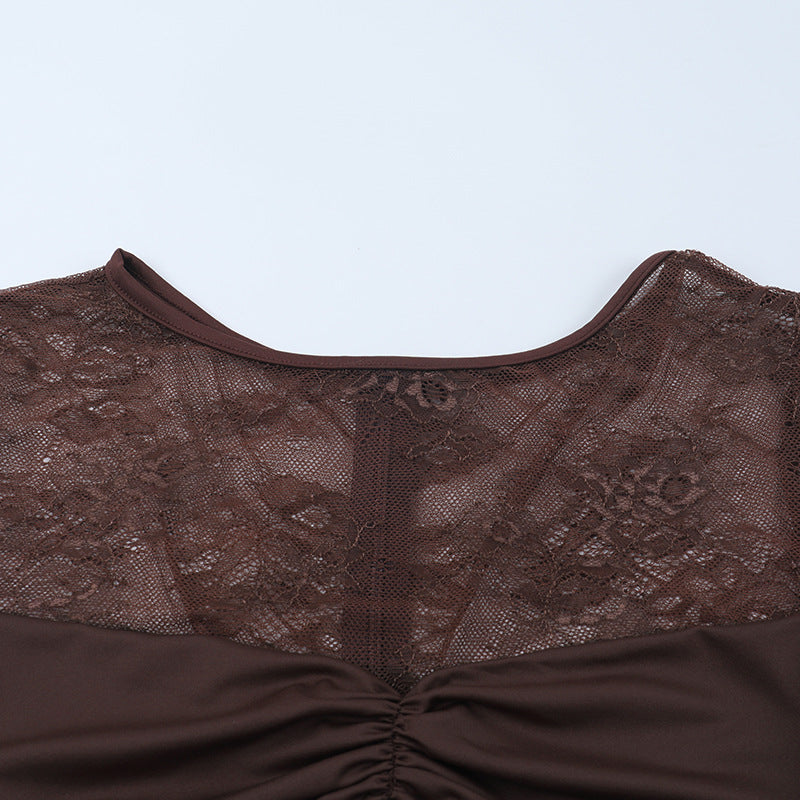 Chic Chocolate Brown Sheer Lace Ruched Mini Dress - Long Sleeve Bodycon for Fall Parties & Date Nights