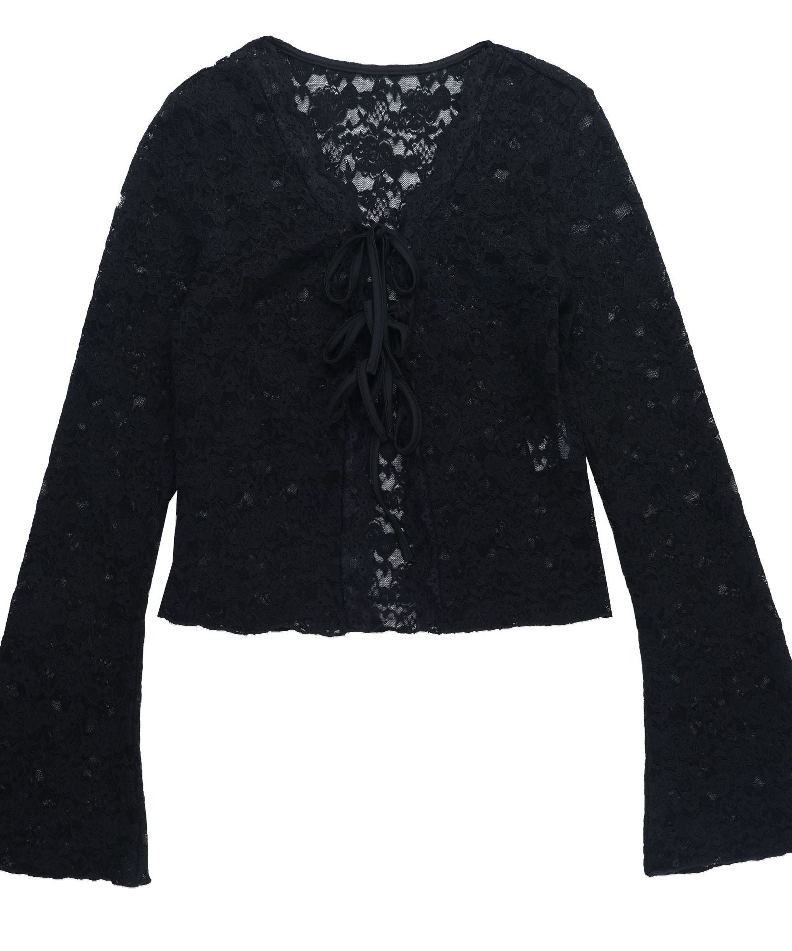 Fall-Ready Glam: Black Lace Tie-Front Bell Sleeve Crop Top – Sheer & Chic for Going Out