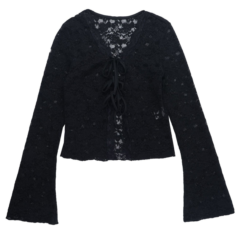 Fall-Ready Glam: Black Lace Tie-Front Bell Sleeve Crop Top – Sheer & Chic for Going Out