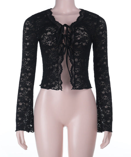 Fall-Ready Glam: Black Lace Tie-Front Bell Sleeve Crop Top – Sheer & Chic for Going Out