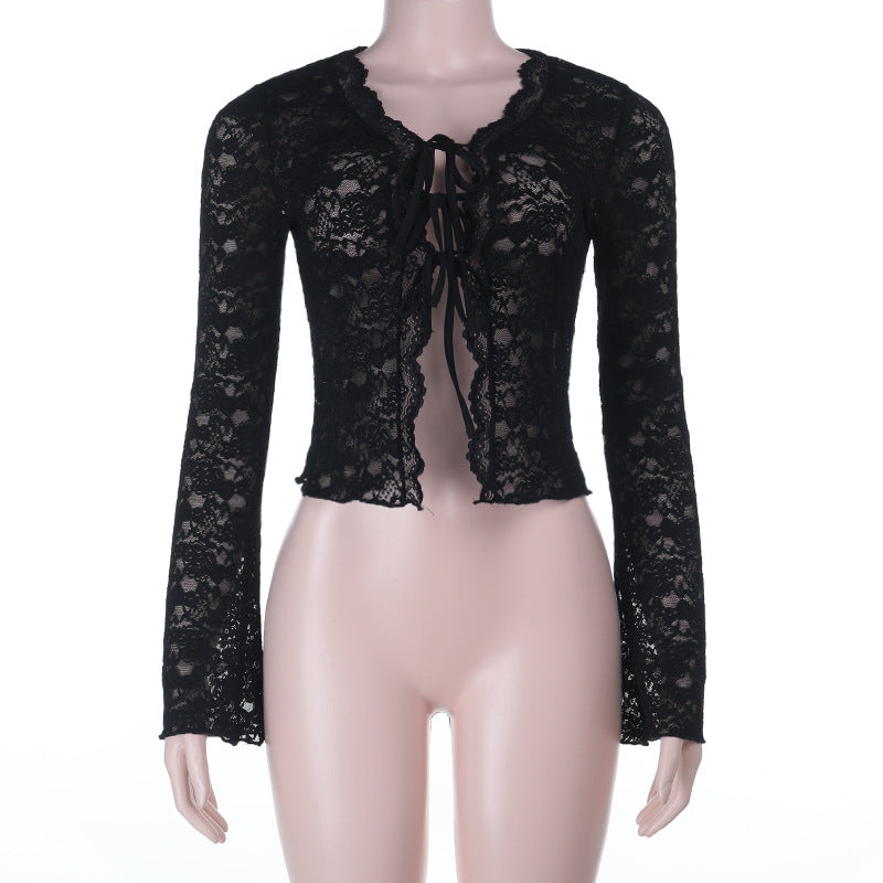 Fall-Ready Glam: Black Lace Tie-Front Bell Sleeve Crop Top – Sheer & Chic for Going Out