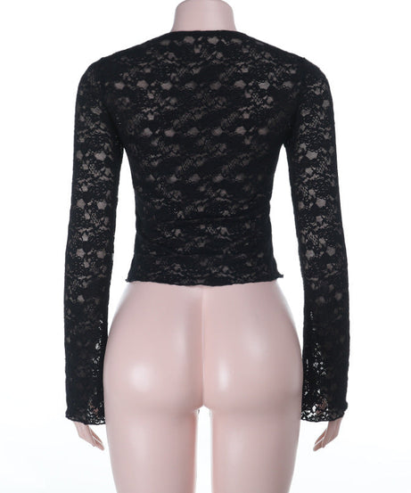 Fall-Ready Glam: Black Lace Tie-Front Bell Sleeve Crop Top – Sheer & Chic for Going Out
