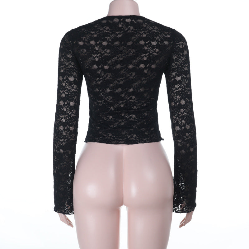 Fall-Ready Glam: Black Lace Tie-Front Bell Sleeve Crop Top – Sheer & Chic for Going Out