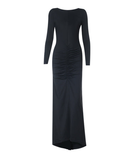 Sophisticated Black Ruched Long Sleeve Maxi Dress - Your Go-To for Holiday & Winter Evenings