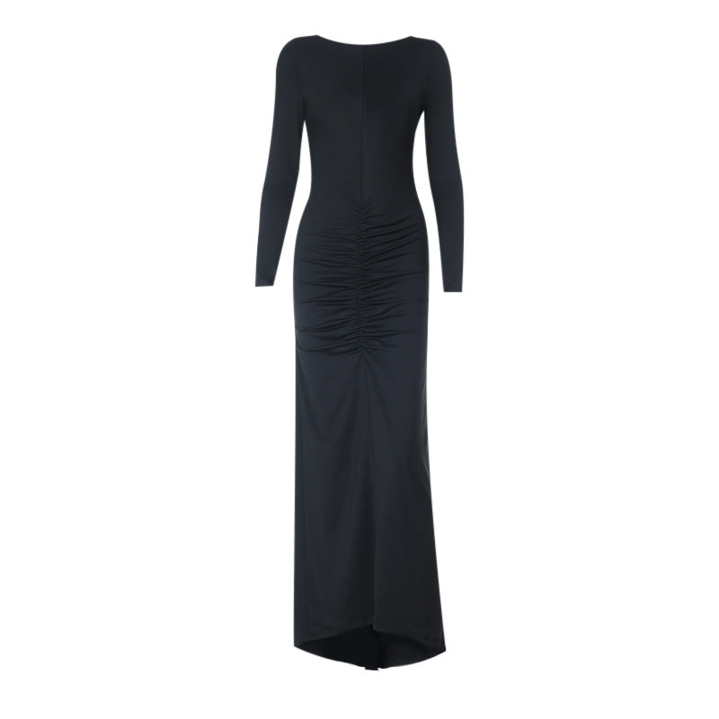 Sophisticated Black Ruched Long Sleeve Maxi Dress - Your Go-To for Holiday & Winter Evenings