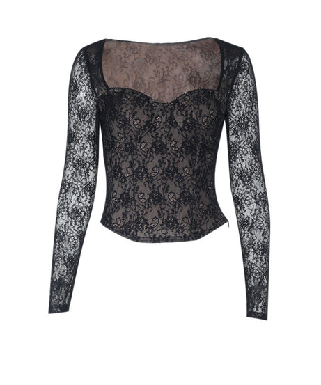 Elevate Your Style: Chic Black Lace Sweetheart Neck Long Sleeve Top - Fall & Holiday Ready