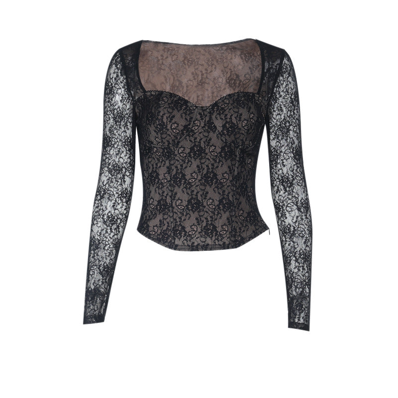 Elevate Your Style: Chic Black Lace Sweetheart Neck Long Sleeve Top - Fall & Holiday Ready