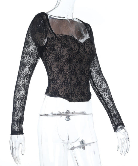 Elevate Your Style: Chic Black Lace Sweetheart Neck Long Sleeve Top - Fall & Holiday Ready