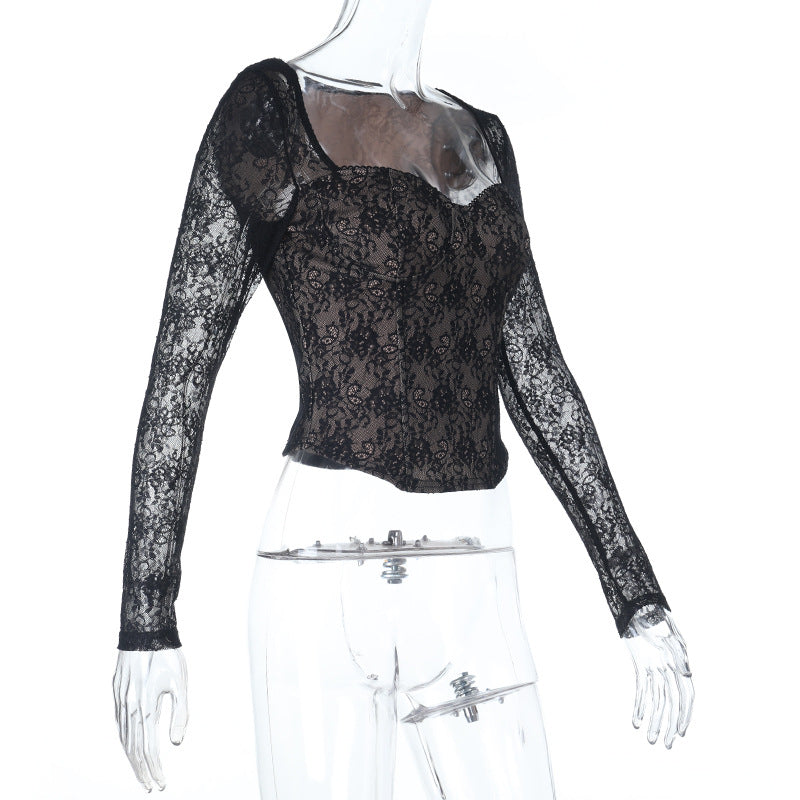 Elevate Your Style: Chic Black Lace Sweetheart Neck Long Sleeve Top - Fall & Holiday Ready
