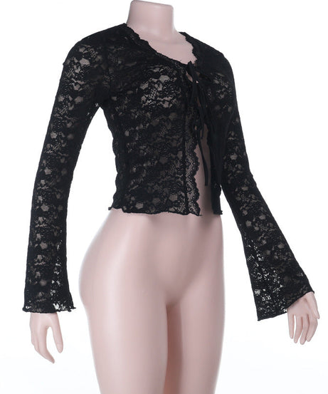 Fall-Ready Glam: Black Lace Tie-Front Bell Sleeve Crop Top – Sheer & Chic for Going Out