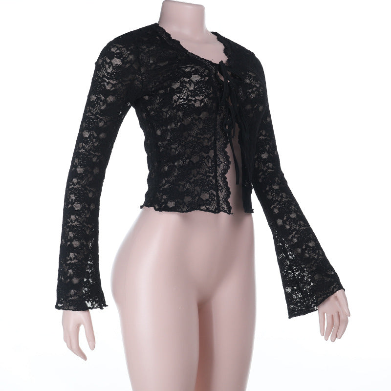 Fall-Ready Glam: Black Lace Tie-Front Bell Sleeve Crop Top – Sheer & Chic for Going Out