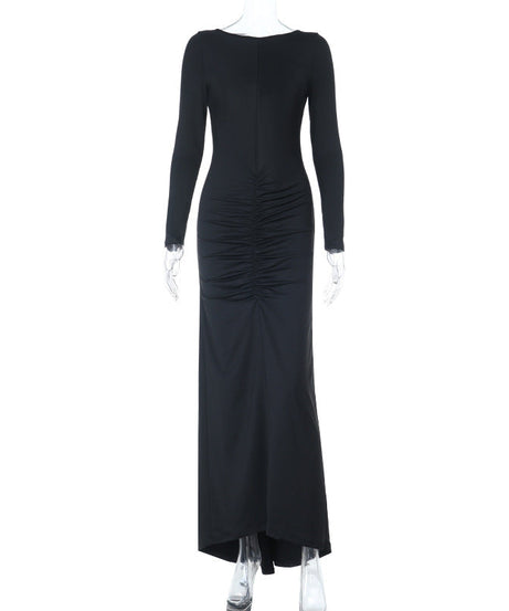 Sophisticated Black Ruched Long Sleeve Maxi Dress - Your Go-To for Holiday & Winter Evenings