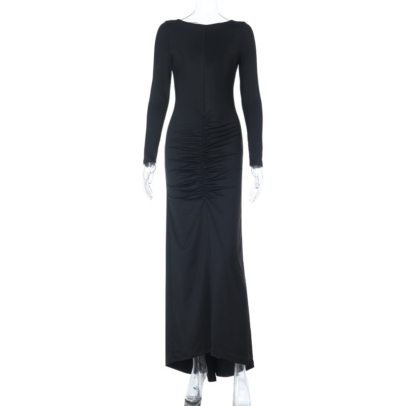 Sophisticated Black Ruched Long Sleeve Maxi Dress - Your Go-To for Holiday & Winter Evenings