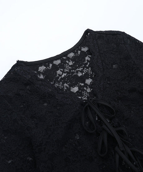 Fall-Ready Glam: Black Lace Tie-Front Bell Sleeve Crop Top – Sheer & Chic for Going Out