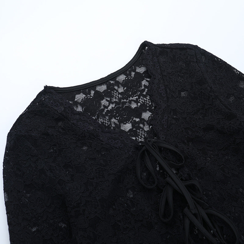 Fall-Ready Glam: Black Lace Tie-Front Bell Sleeve Crop Top – Sheer & Chic for Going Out
