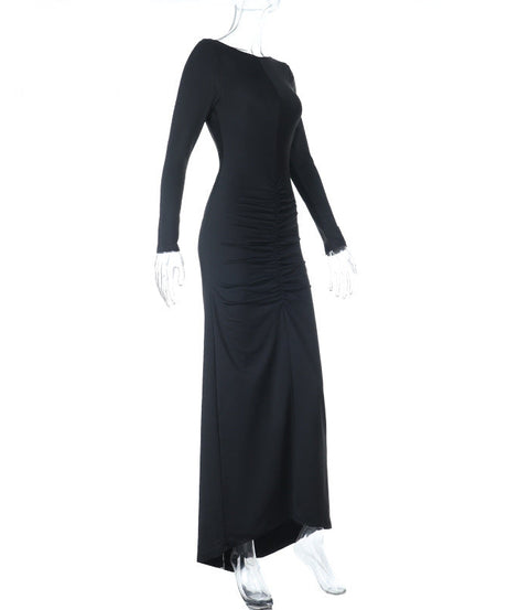 Sophisticated Black Ruched Long Sleeve Maxi Dress - Your Go-To for Holiday & Winter Evenings