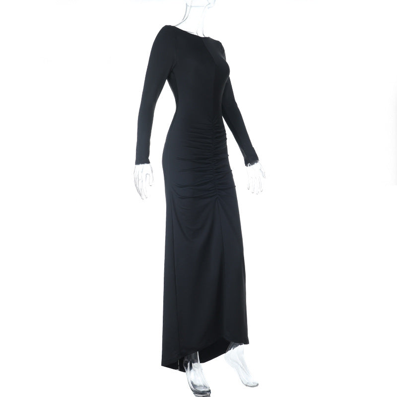 Sophisticated Black Ruched Long Sleeve Maxi Dress - Your Go-To for Holiday & Winter Evenings