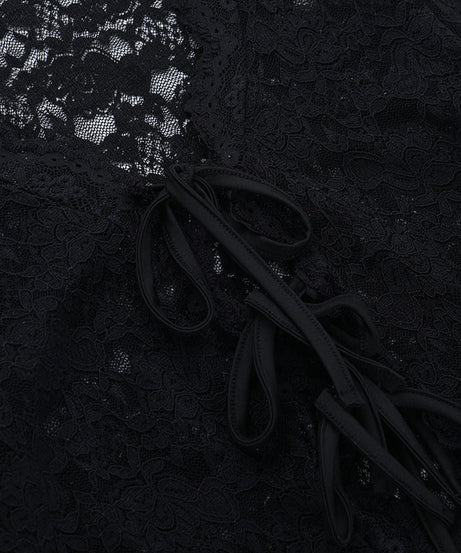 Fall-Ready Glam: Black Lace Tie-Front Bell Sleeve Crop Top – Sheer & Chic for Going Out