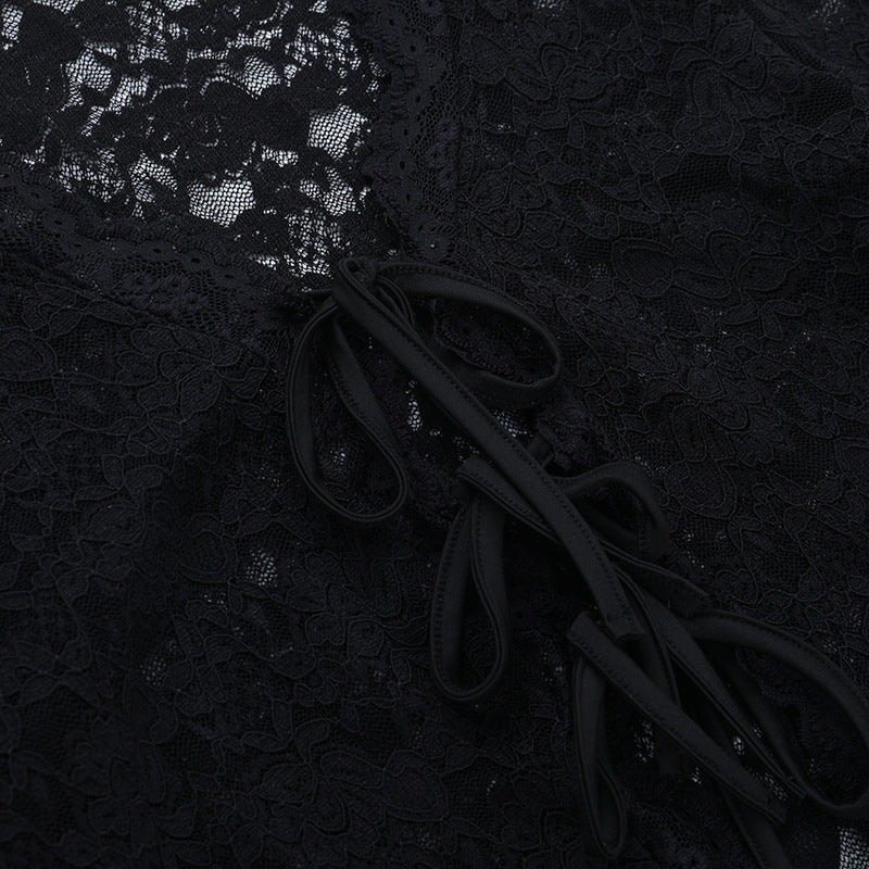 Fall-Ready Glam: Black Lace Tie-Front Bell Sleeve Crop Top – Sheer & Chic for Going Out