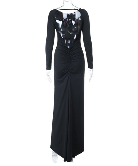 Sophisticated Black Ruched Long Sleeve Maxi Dress - Your Go-To for Holiday & Winter Evenings