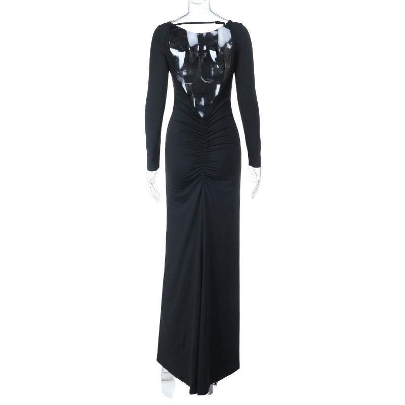Sophisticated Black Ruched Long Sleeve Maxi Dress - Your Go-To for Holiday & Winter Evenings