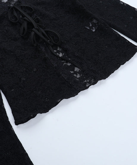 Fall-Ready Glam: Black Lace Tie-Front Bell Sleeve Crop Top – Sheer & Chic for Going Out
